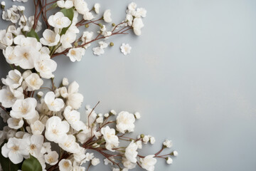 Spring background with beautiful white flowering tree branches. White blooming spring flowers on neutral background. Top view, flat lay, copy space for text