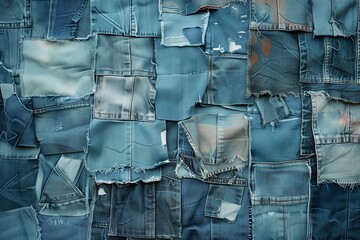 Mosaic of various denim fabrics patched together to create an interesting texture and pattern