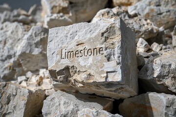 Clearly engraved word 'limestone' on a weathered limestone block among rocks
