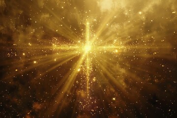 Celestial light beams intersecting to form a cross, divine gold background for heavenly guidance. - obrazy, fototapety, plakaty