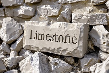 Close-up of limestone sign amidst natural rough textured limestone, highlighting geological materials