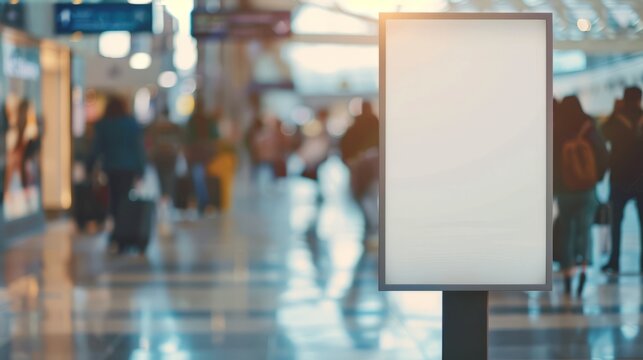 Mockup white board adds ambiance to bustling airport scene with blurred tourists walking – travel and lifestyle concept