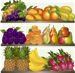 A set of fruits on wooden shelves.Vector color illustration with a collection of fruits on wooden shelves.