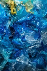 An artistic close-up shot of crumpled plastic sheets mainly in blue hues