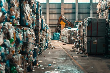 Indoor recycling facility showing vast piles of waste ready for processing