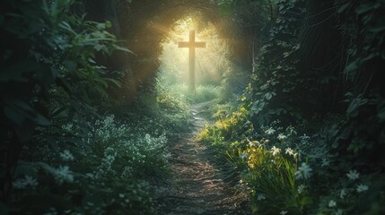 Embark on a mystical journey of faith through a cross-shaped passage in an enchanted forest, surrounded by a vibrant green adventure. - obrazy, fototapety, plakaty