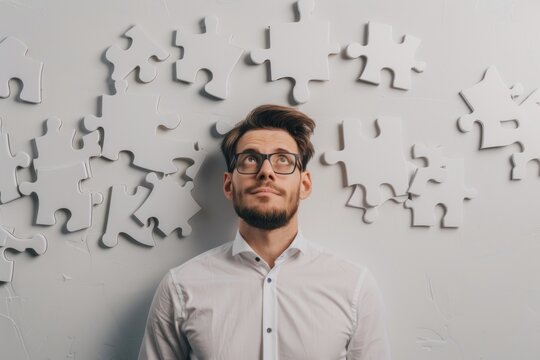 Puzzle headed thoughtful businessman portrait. Solution, decision and brainstorm concept