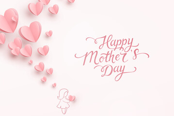 Mother's day postcard with paper flying elements and child on light pink background. Vector symbols of love in shape of heart for greeting card design