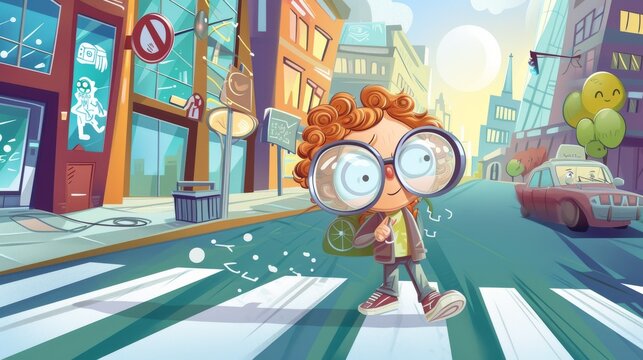 cartoon illustration of a child wearing large glasses wandering the streets of the city, trying to make out signs and signs, but they are all depicted in the form of unreadable symbols and blurry