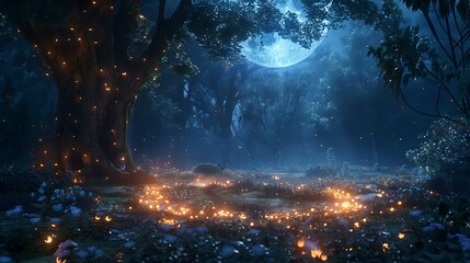 Fairy circle in a moonlit glade - obrazy, fototapety, plakaty