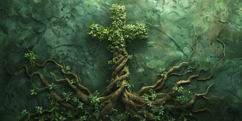 The intertwined roots form a cross against an earth green backdrop, embodying natural spirituality.