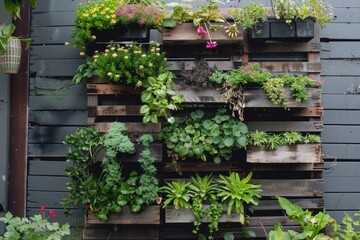 Naklejka na ściany i meble Recycled pallets with hanging plants creating a vertical garden