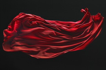 Red drape falling like wings isolated on flat black background. Beautiful red fabric with pleats floats in air - obrazy, fototapety, plakaty