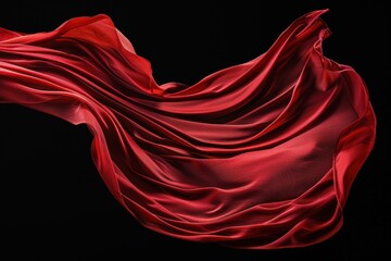 Red drape falling like wings isolated on flat black background. Beautiful red fabric with pleats floats in air - obrazy, fototapety, plakaty