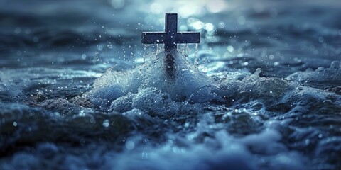 Cross made of water walking on the ocean, miracle blue background for faith in the impossible.