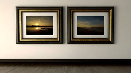 Generative KI goldener leerer vintage Bilderrahmen mit Meer