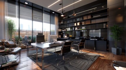 Dark and mysterious modern office interior with moody lighting and minimalist decor, perfect for thriller or mystery themes, interior design conceptt