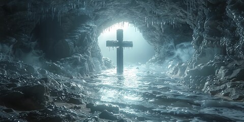 A crystalline cross gleams within an ice cave, set against a backdrop of clear blue representing the purity of faith.