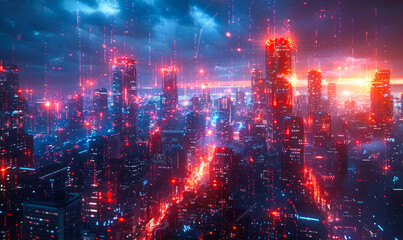 Futuristic cityscape with holographic data screens and lights floating in the air between skyscrapers, creating a vibrant, tech driven urban environment in a cyberpunk style at night