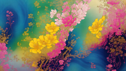 サイケデリックな花模様のデザイン　AI画像　ジェネレーティブAI