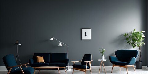A living room with a black couch and two black chairs