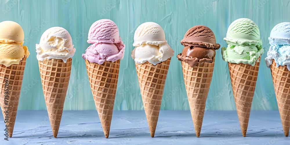 Poster a row of ice cream cones with different flavors. the cones are lined up in a row, with some of them 