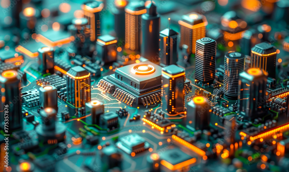 Poster futuristic circuit board with colorful electronic components, chips, transistors and capacitors in 3