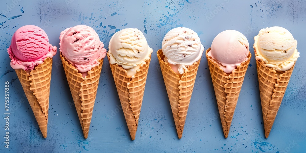 Poster a row of ice cream cones with different flavors. the cones are lined up in a row, with some of them 