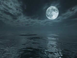 A large moon is reflected in the water of a calm ocean