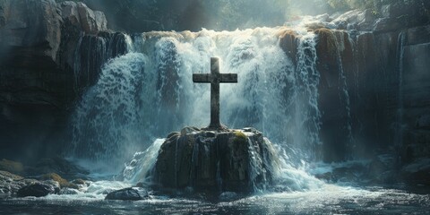Waterfall splitting around a cross shaped rock, persistence blue background for enduring faith. - obrazy, fototapety, plakaty