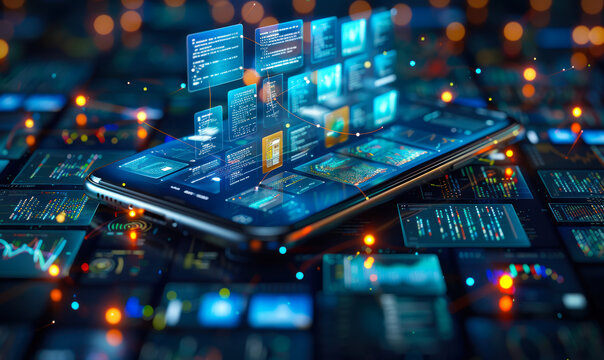 Mobile document management app concept illustration with smartphone, files, charts floating in 3D space, connected by glowing lines on blue background