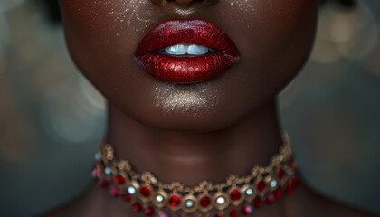 Close-up of woman's sexy lips in lipstick. Botox lip augmentation, cosmetics for dark face girl.