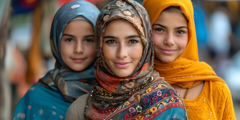 Group of Women Wearing Headscarves and Scarves in Urban Setting - obrazy, fototapety, plakaty
