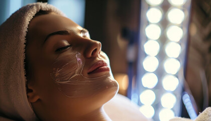 Woman in a beauty spa with anti-aging cream on her face.
