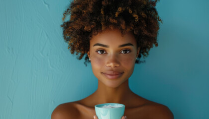 A beautiful dark-skinned model holds a jar of cream for healthy skin.