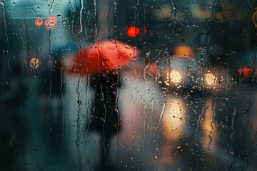 Obraz na płótnie Canvas A blurry image of a rainy street with a person holding an umbrella
