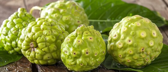 Fototapeta premium A group of green fruits sit on a wooden table with leaves, next to a leafy green plant