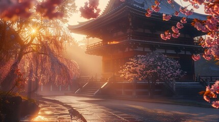 Tranquil japanese park  cherry blossoms in spring, traditional architecture, morning light
