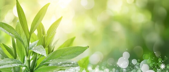   A close-up of a green plant with water droplets on its leaves and grass in the background