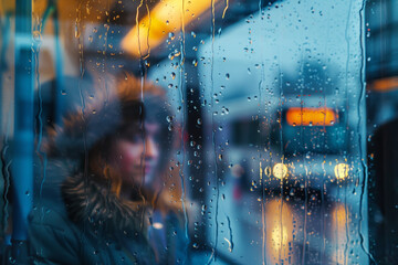 A woman is standing in the rain with her hood up