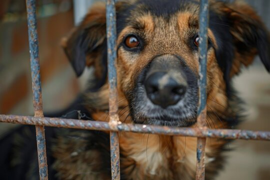 Sad dog in the bars of the cage. Dog shelter, homeless animals, charity work and volunteering, help for dog shelters