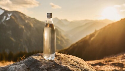 generic mineral glass water bottle in the middle of nature on a rock mockup with mountains background as wide banner with copy space area generative ai - obrazy, fototapety, plakaty