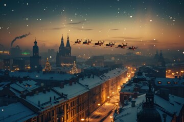 Santa Claus is delivering kids presents on reindeers, sleigh fly over the night illuminated city - obrazy, fototapety, plakaty
