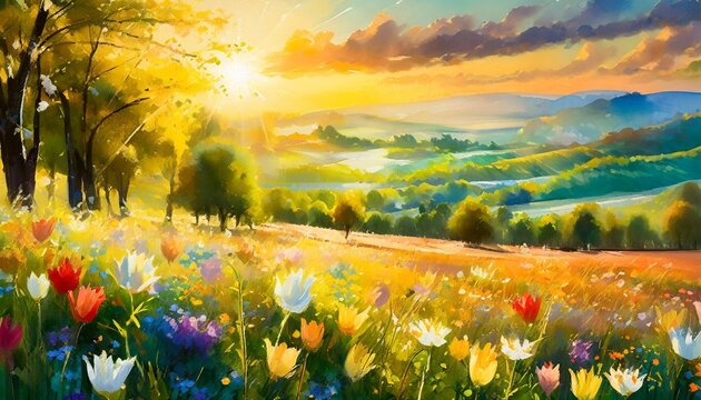 le printemps eclate de fleurs peignant le fond du paysage d une palette vive la nature s eveille dans ce paradis ensoleille offrant un spectacle enchanteur