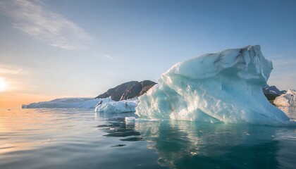 melting icebergs by the coast of greenland on a beautiful summer day melting of a iceberg and pouring water into the sea global warming arctic nature landscape summer day - obrazy, fototapety, plakaty