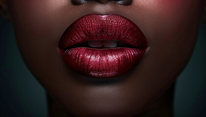 Close-up of woman's sexy lips in lipstick. Botox lip augmentation, cosmetics for dark face girl.