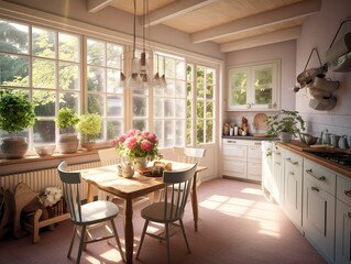A kitchen with a table and chairs, a potted plant, and a vase of flowers