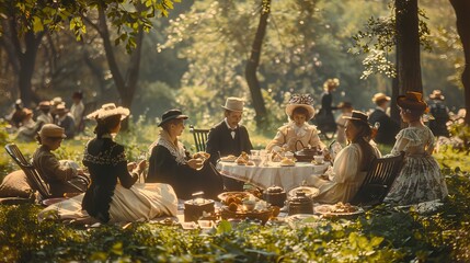 Edwardian era picnic captured with pictorialist style in vintage box camera imagery
