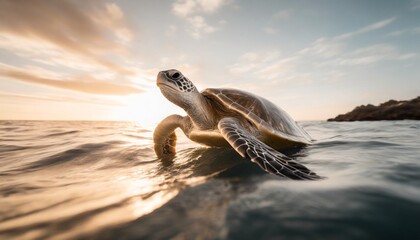 vertical low angle shot of a turtle swimming in the ocean - obrazy, fototapety, plakaty