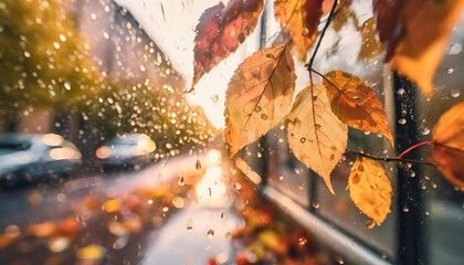 autumn leaves on the window rainy window moody time autumn street rainy street in fall waterdrops...